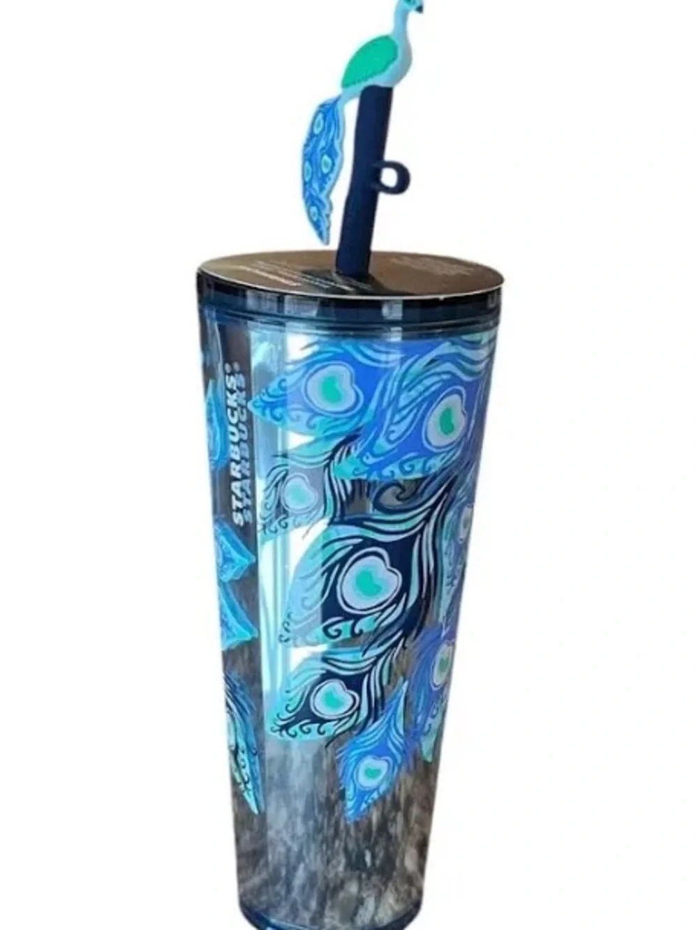 Starbucks Teal and Blue Peacock Feather Tumbler with Decorative Straw